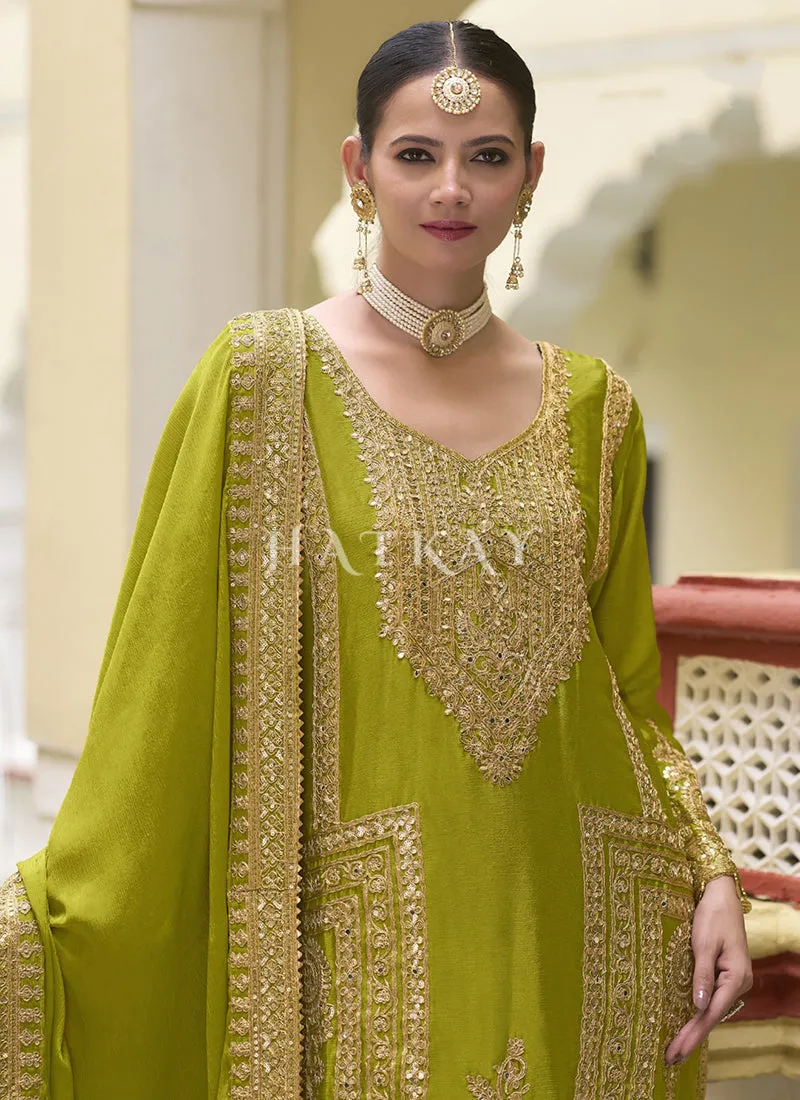 Lime Green Golden Embroidered Pakistani Palazzo Style Suit