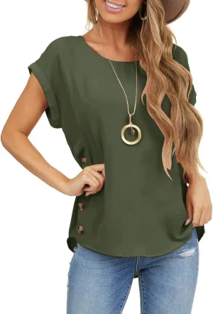 Limerose Women's Short Sleeve Tops Crew Neck Side Button Shirts Casual Loose Fit T-Shirt