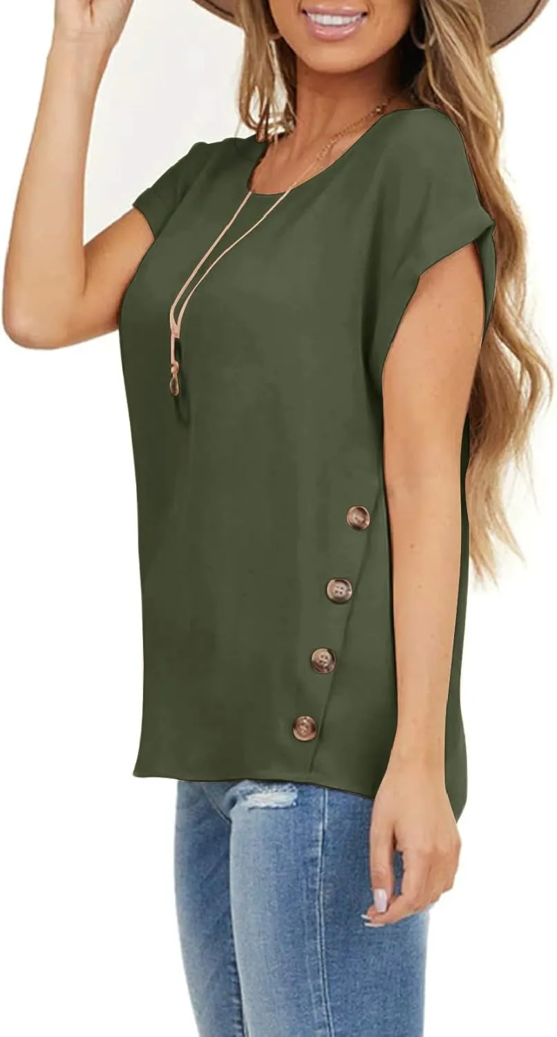 Limerose Women's Short Sleeve Tops Crew Neck Side Button Shirts Casual Loose Fit T-Shirt