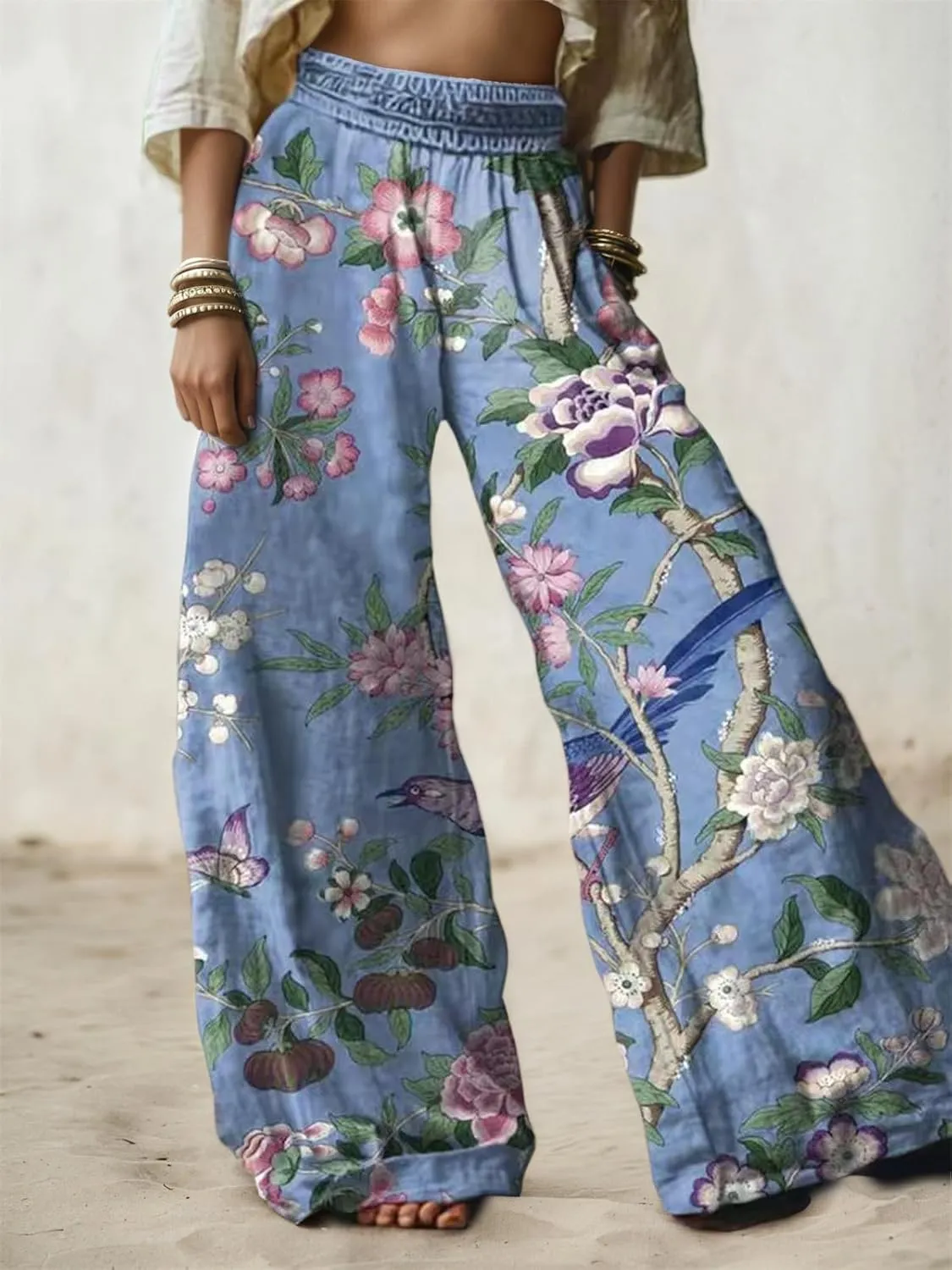 Linen Pants for Women Wide Leg High Elastic Waist Palazzo Pants Floral Summer Flowy Trousers with Pockets