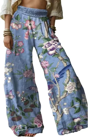 Linen Pants for Women Wide Leg High Elastic Waist Palazzo Pants Floral Summer Flowy Trousers with Pockets