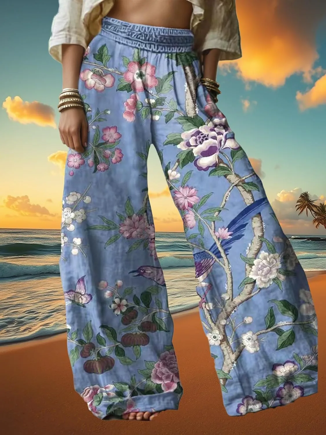 Linen Pants for Women Wide Leg High Elastic Waist Palazzo Pants Floral Summer Flowy Trousers with Pockets