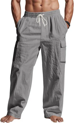 Linen Pants Men Drawstring Casual Elastic Waist Linen Cargo Pants with Multi Pockets Loose Fit Summer Beach Pant