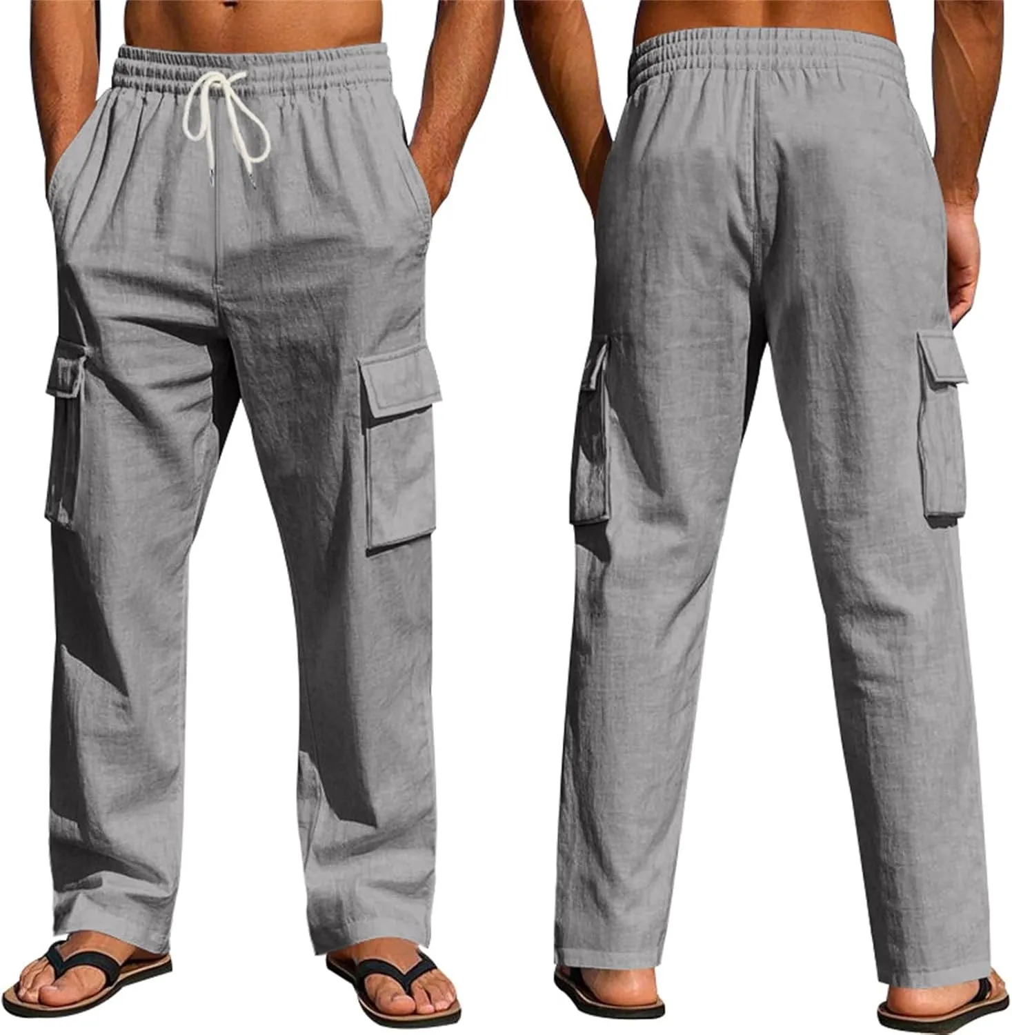 Linen Pants Men Drawstring Casual Elastic Waist Linen Cargo Pants with Multi Pockets Loose Fit Summer Beach Pant
