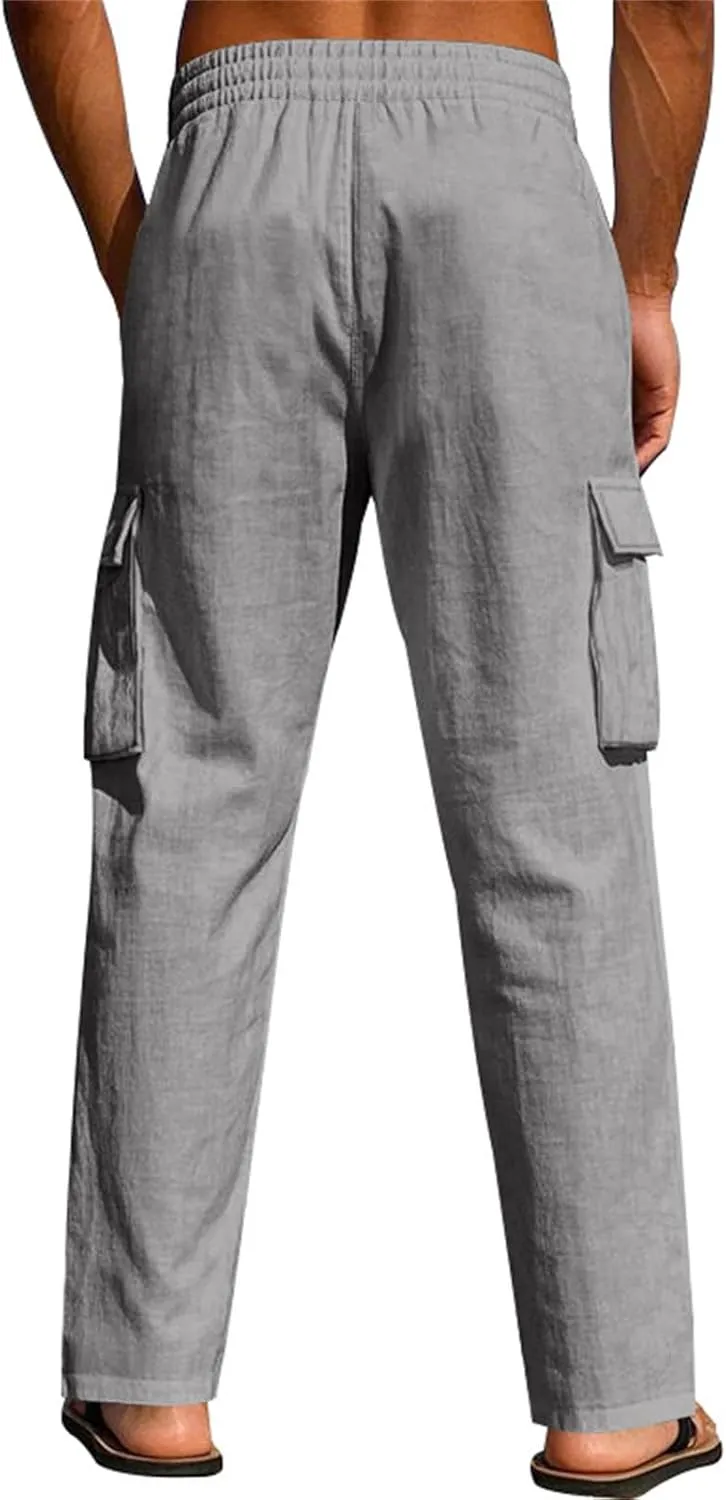 Linen Pants Men Drawstring Casual Elastic Waist Linen Cargo Pants with Multi Pockets Loose Fit Summer Beach Pant