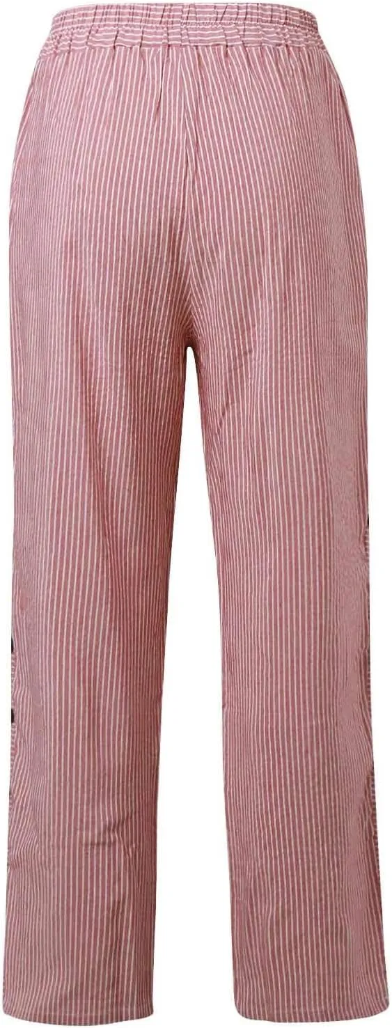Linen Pants Women Cropped Side Button Elastic Waist Pants Casual Summer Beach Trousers with Pockets
