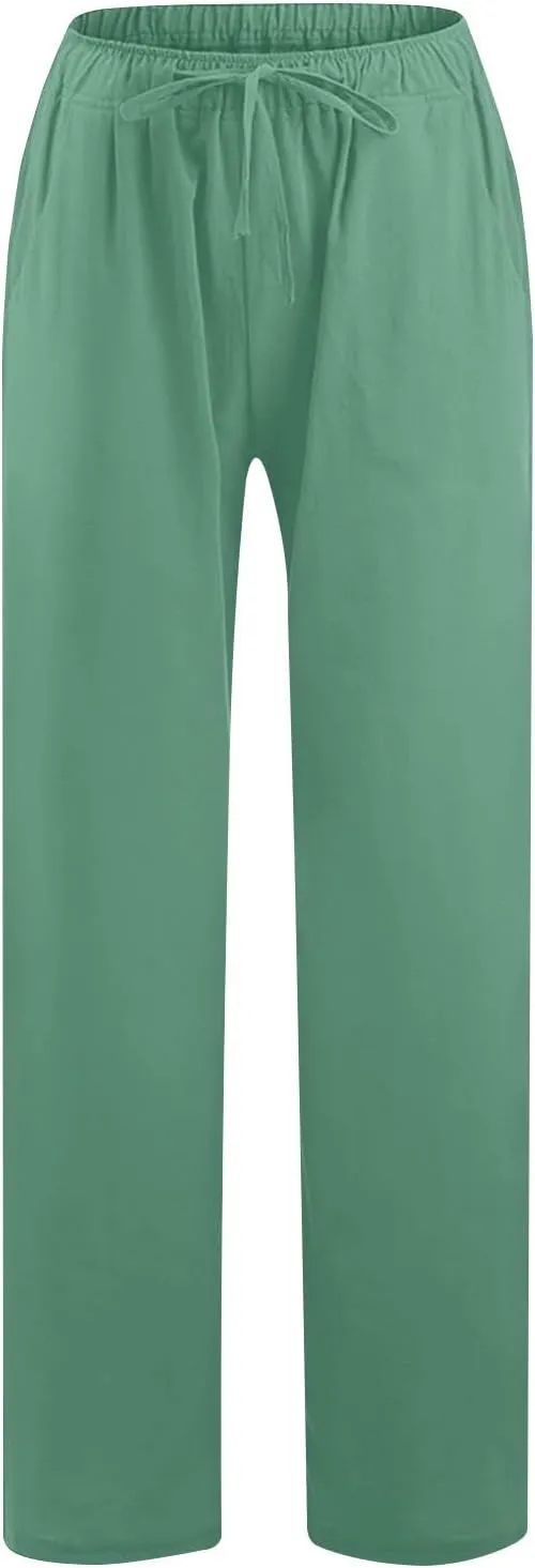 Linen Pants Women Drawstring Elastic Waist Wide Leg Trousers Summer Casual Boho Beach Palazzo Pants with Pcokets 2025