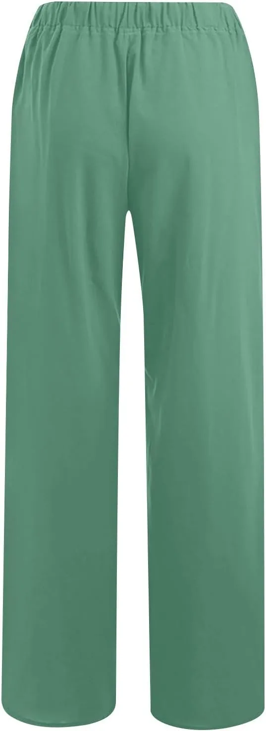 Linen Pants Women Drawstring Elastic Waist Wide Leg Trousers Summer Casual Boho Beach Palazzo Pants with Pcokets 2025