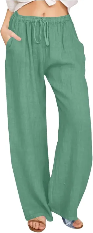 Linen Pants Women Drawstring Elastic Waist Wide Leg Trousers Summer Casual Boho Beach Palazzo Pants with Pcokets 2025