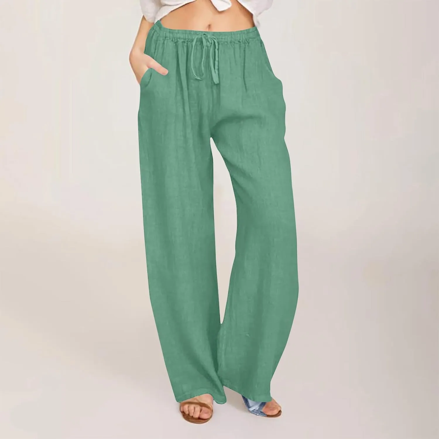 Linen Pants Women Drawstring Elastic Waist Wide Leg Trousers Summer Casual Boho Beach Palazzo Pants with Pcokets 2025