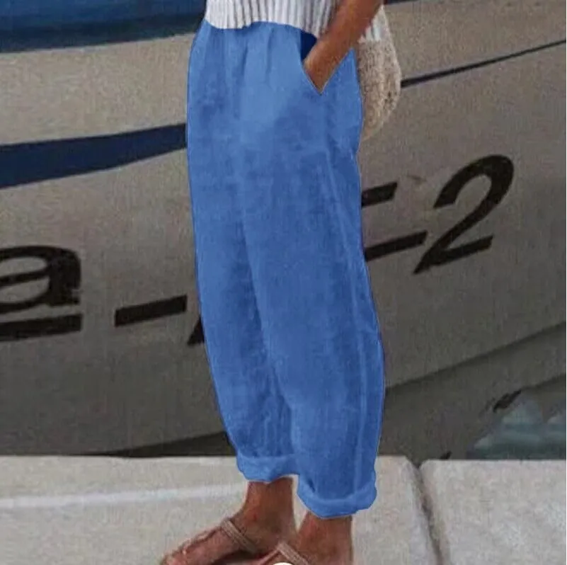 Linen Pants Women Straight Leg Summer Cotton Casual High Waist Elastic Linen Beach Pants
