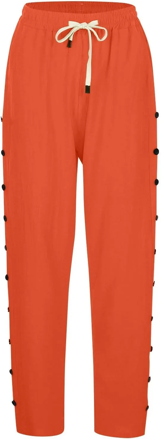 Linen Pants Women Summer Casual Side Button Striped Pants Lightweight Drawstring Guaze Pants Loose Cropped Trousers