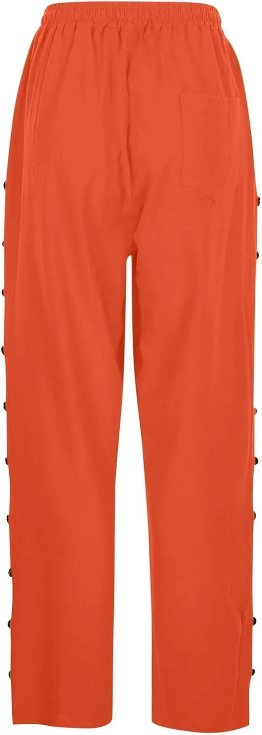 Linen Pants Women Summer Casual Side Button Striped Pants Lightweight Drawstring Guaze Pants Loose Cropped Trousers