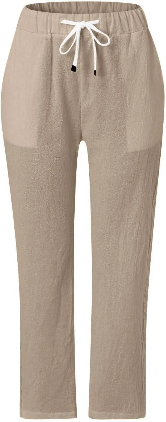 Linen Pants Women Summer Casual Side Button Striped Pants Lightweight Drawstring Guaze Pants Loose Cropped Trousers