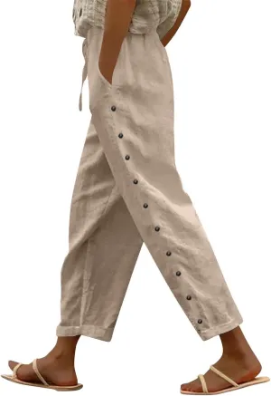 Linen Pants Women Summer Casual Side Button Striped Pants Lightweight Drawstring Guaze Pants Loose Cropped Trousers