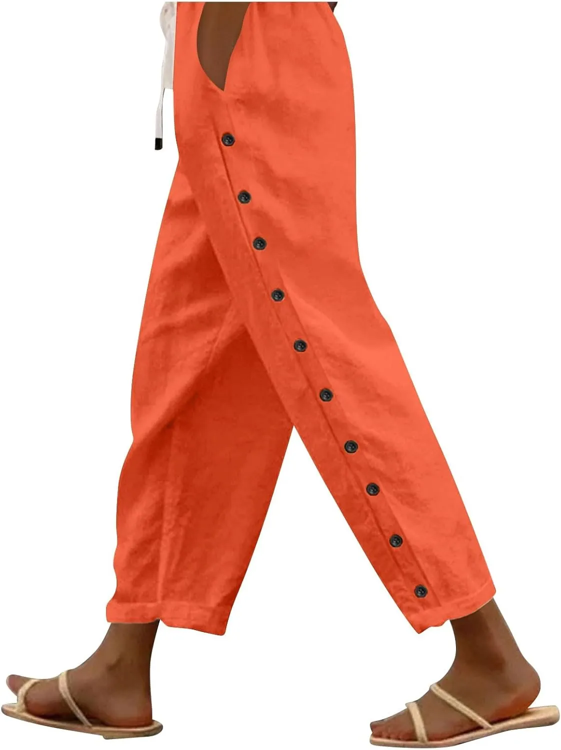 Linen Pants Women Summer Casual Side Button Striped Pants Lightweight Drawstring Guaze Pants Loose Cropped Trousers