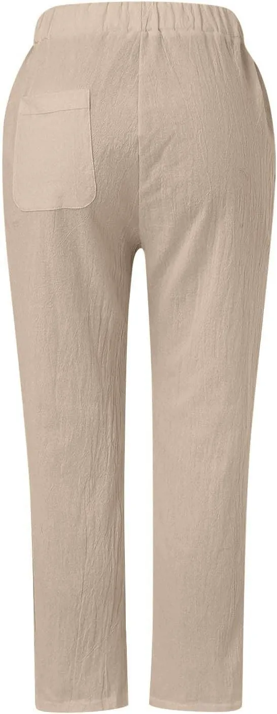 Linen Pants Women Summer Casual Side Button Striped Pants Lightweight Drawstring Guaze Pants Loose Cropped Trousers