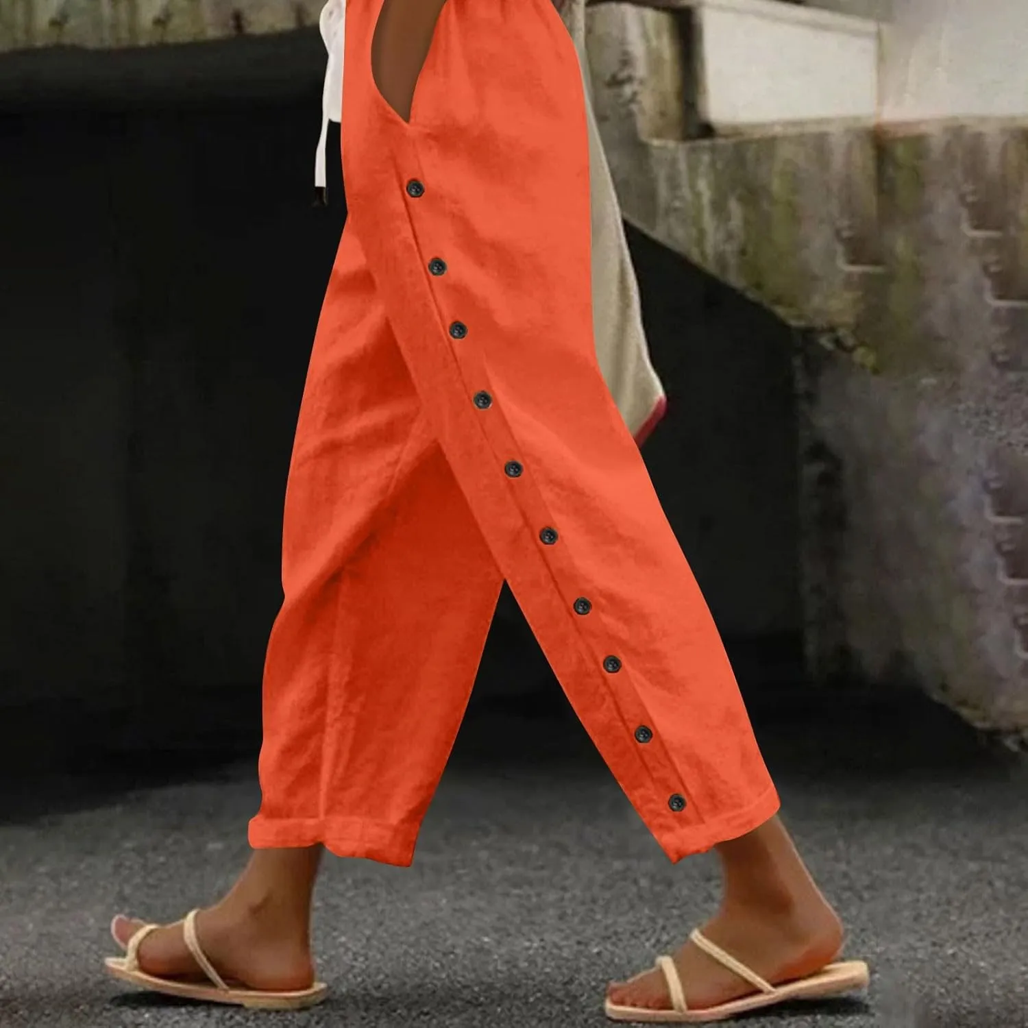 Linen Pants Women Summer Casual Side Button Striped Pants Lightweight Drawstring Guaze Pants Loose Cropped Trousers