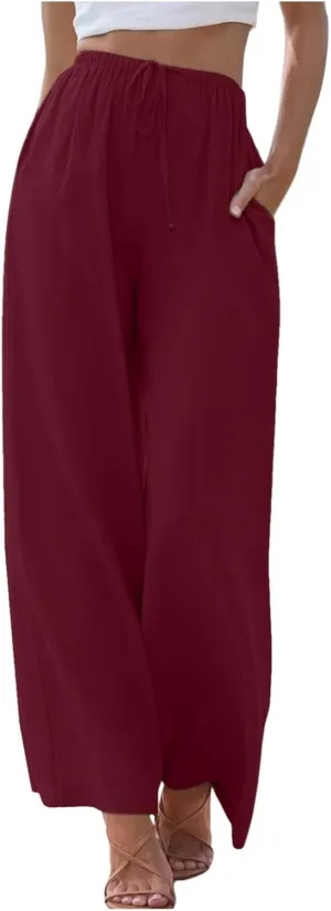Linen Pants Women Summer Drawstring Elastic Waist Palazzo Trousers Loose Flowy Wide Leg Beach Pants with Pockets