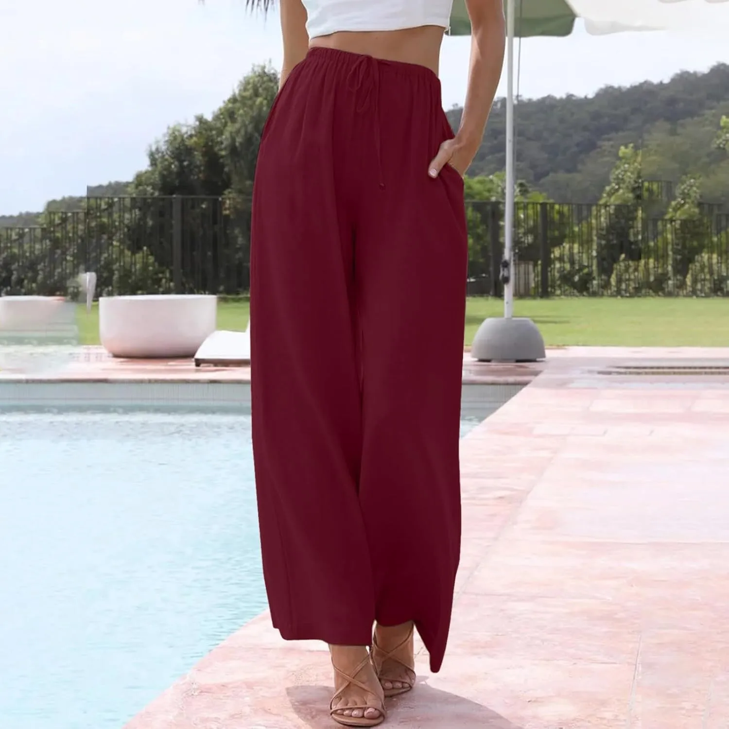 Linen Pants Women Summer Drawstring Elastic Waist Palazzo Trousers Loose Flowy Wide Leg Beach Pants with Pockets