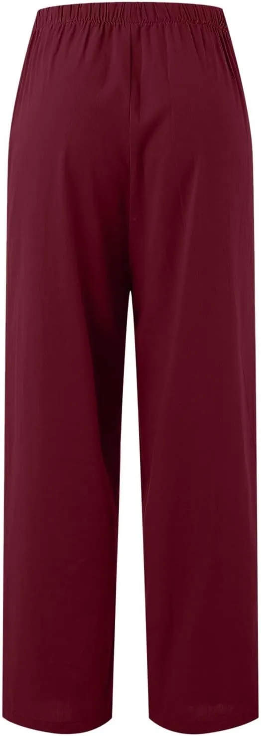 Linen Pants Women Summer Drawstring Elastic Waist Palazzo Trousers Loose Flowy Wide Leg Beach Pants with Pockets