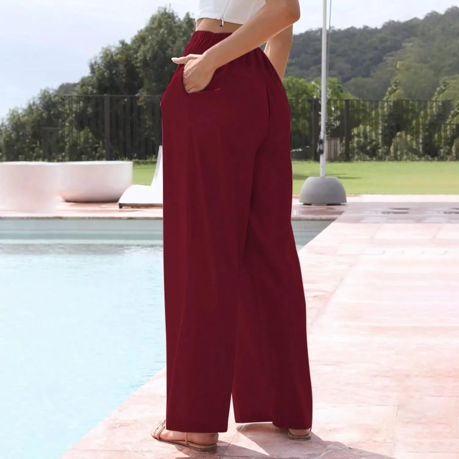 Linen Pants Women Summer Drawstring Elastic Waist Palazzo Trousers Loose Flowy Wide Leg Beach Pants with Pockets