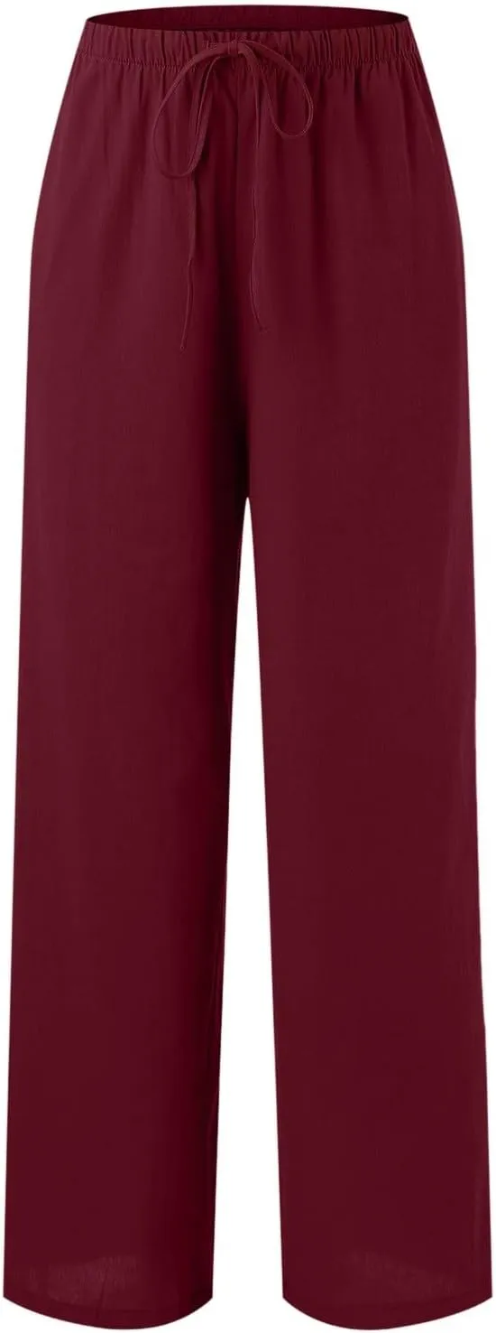 Linen Pants Women Summer Drawstring Elastic Waist Palazzo Trousers Loose Flowy Wide Leg Beach Pants with Pockets