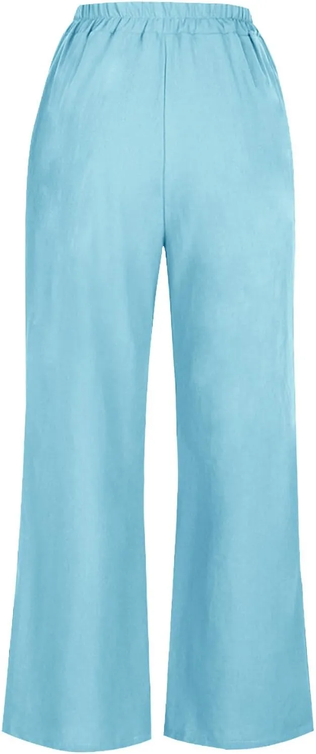 Linen Pants Women Summer Elastic Waist Cropped Palazzo Beach Pants Ladies Casual Loose Wide Leg Trousers with Pockets
