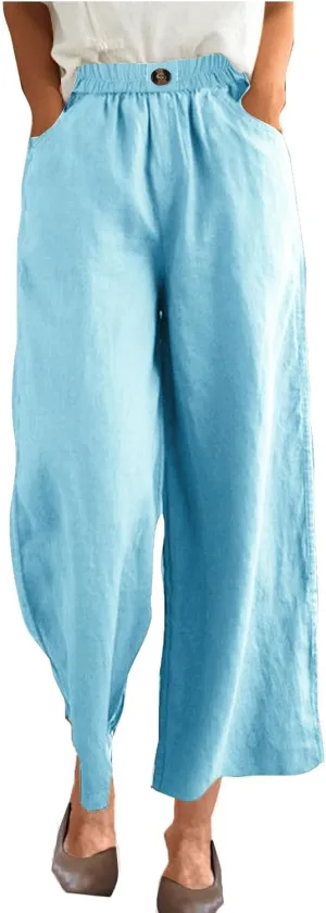 Linen Pants Women Summer Elastic Waist Cropped Palazzo Beach Pants Ladies Casual Loose Wide Leg Trousers with Pockets