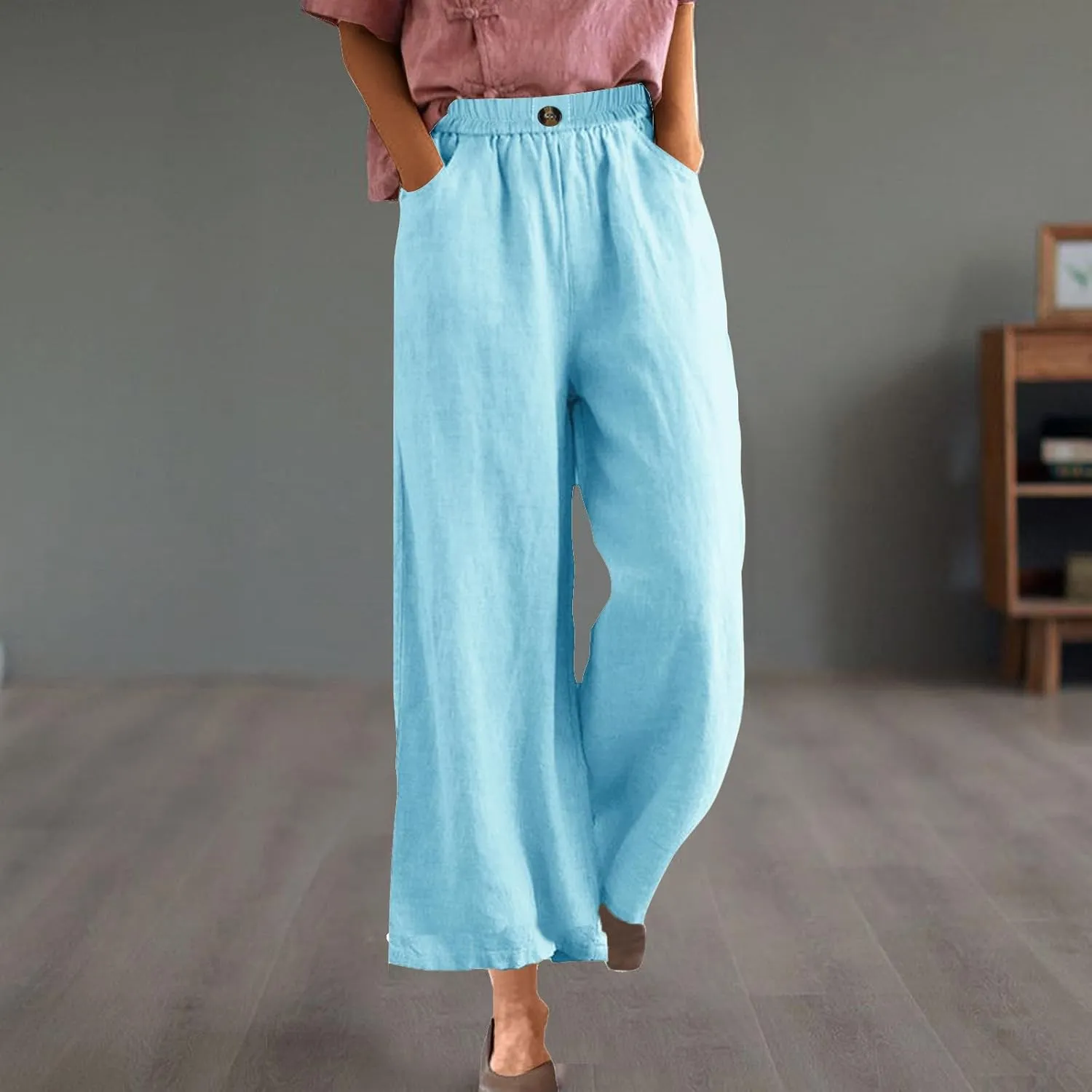 Linen Pants Women Summer Elastic Waist Cropped Palazzo Beach Pants Ladies Casual Loose Wide Leg Trousers with Pockets