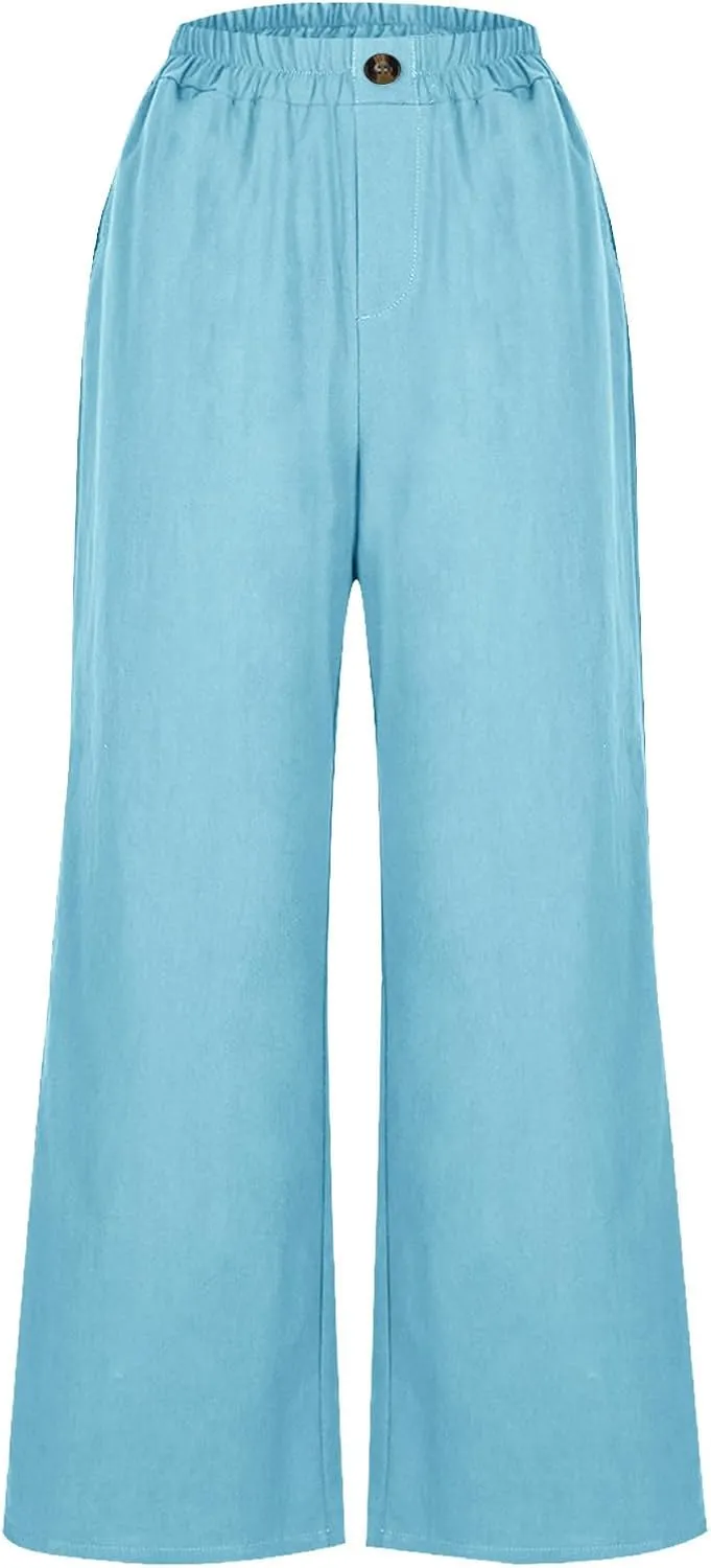 Linen Pants Women Summer Elastic Waist Cropped Palazzo Beach Pants Ladies Casual Loose Wide Leg Trousers with Pockets