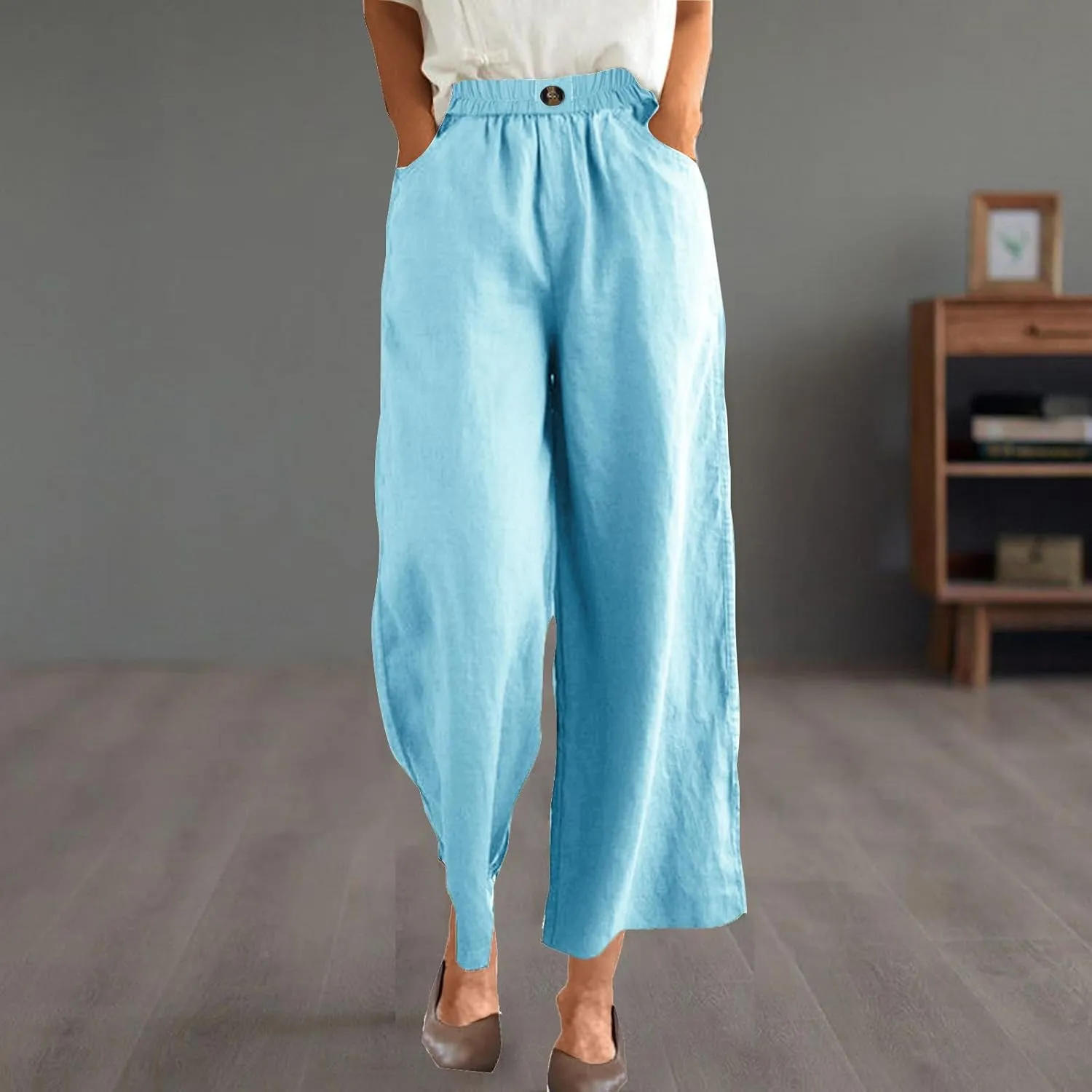 Linen Pants Women Summer Elastic Waist Cropped Palazzo Beach Pants Ladies Casual Loose Wide Leg Trousers with Pockets