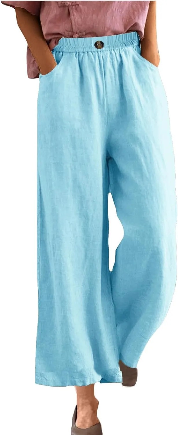 Linen Pants Women Summer Elastic Waist Cropped Palazzo Beach Pants Ladies Casual Loose Wide Leg Trousers with Pockets