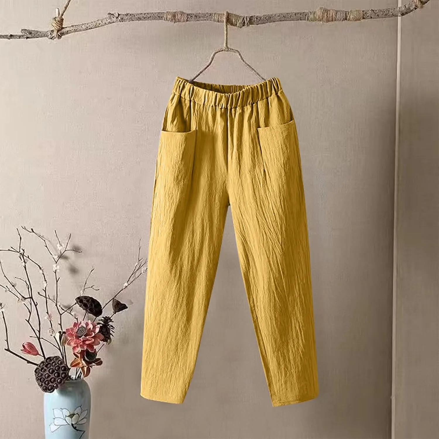 Linen Pants Women Summer Straight Leg Elastic Waist Casual Pants Peasant Linen