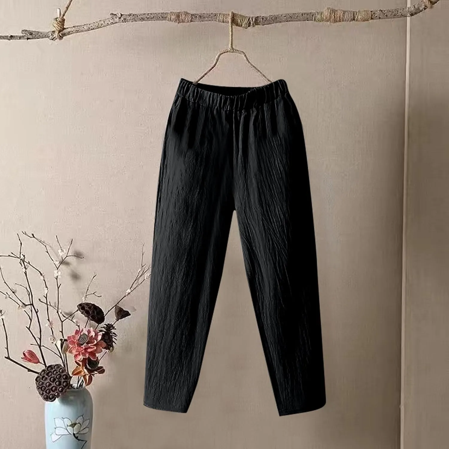 Linen Pants Women Summer Straight Leg Elastic Waist Casual Pants Peasant Linen