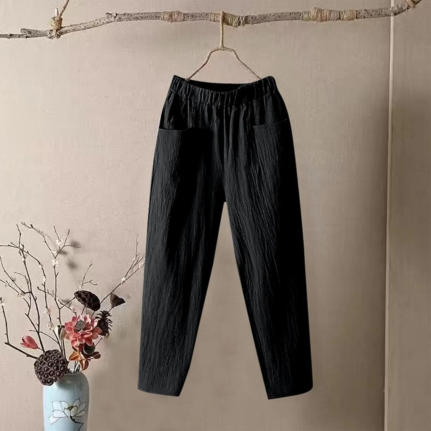 Linen Pants Women Summer Straight Leg Elastic Waist Casual Pants Peasant Linen