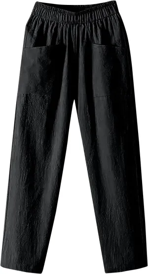 Linen Pants Women Summer Straight Leg Elastic Waist Casual Pants Peasant Linen