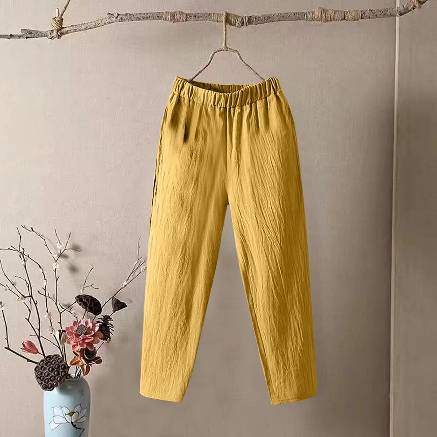 Linen Pants Women Summer Straight Leg Elastic Waist Casual Pants Peasant Linen