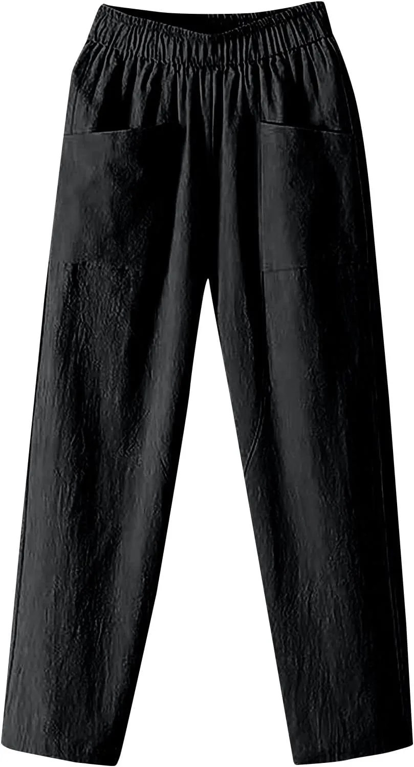 Linen Pants Women Summer Straight Leg Elastic Waist Casual Pants Peasant Linen