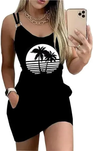 Live Simple Coconut Tree Summer Dress Women 2025 Vacation Tunic Mini Sundress Sleeveless Casual Beach Tank Dresses