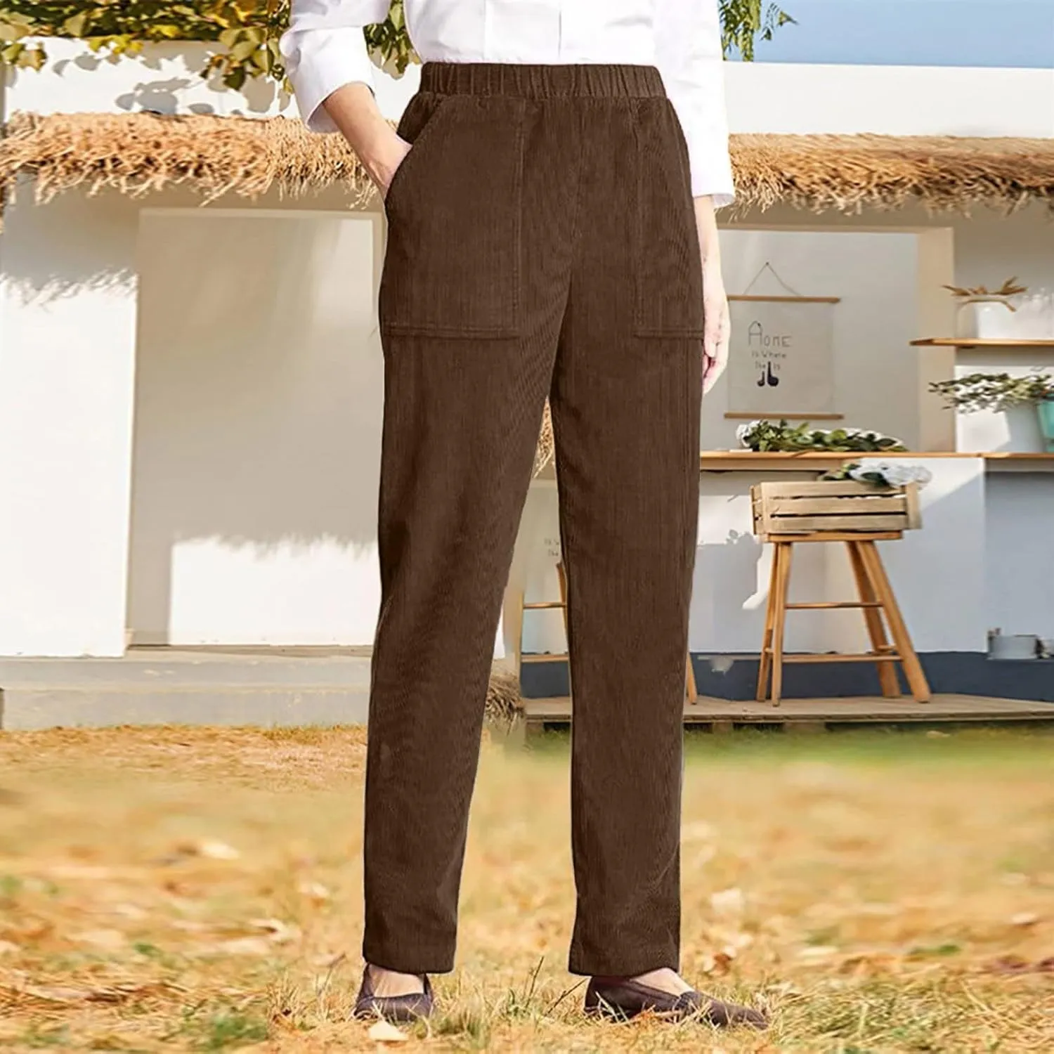 LOAIHA Corduroy Pants for Women Casual Drawstring Elastic High Waist Straight Leg Pants Trousers with Pockets