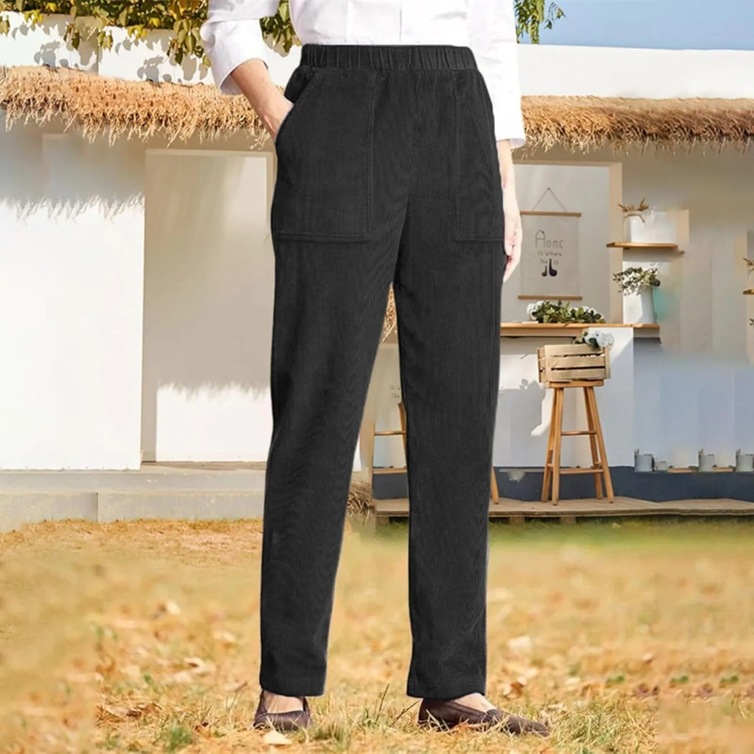 LOAIHA Corduroy Pants for Women Casual Drawstring Elastic High Waist Straight Leg Pants Trousers with Pockets