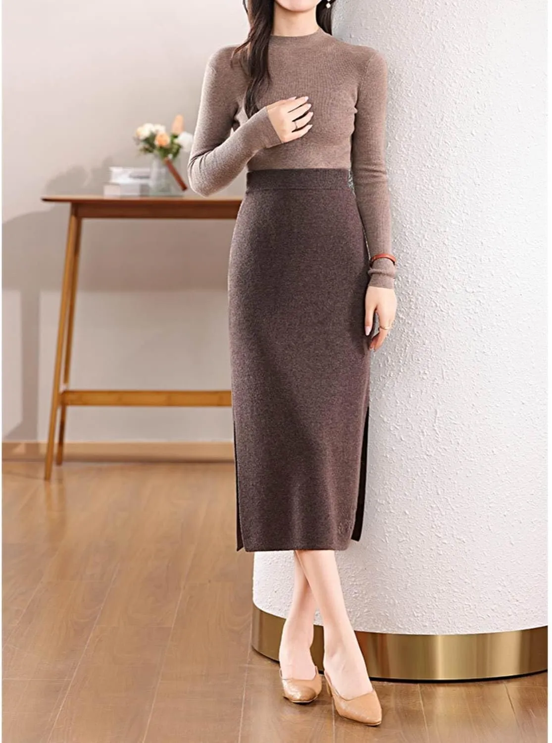 Long Skirt Women's 100% Merino Wool Knit Skirt Ribbed Elastic Waist Embroidered Slit Skirts