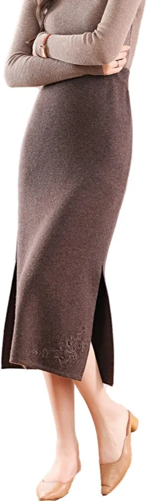 Long Skirt Women's 100% Merino Wool Knit Skirt Ribbed Elastic Waist Embroidered Slit Skirts