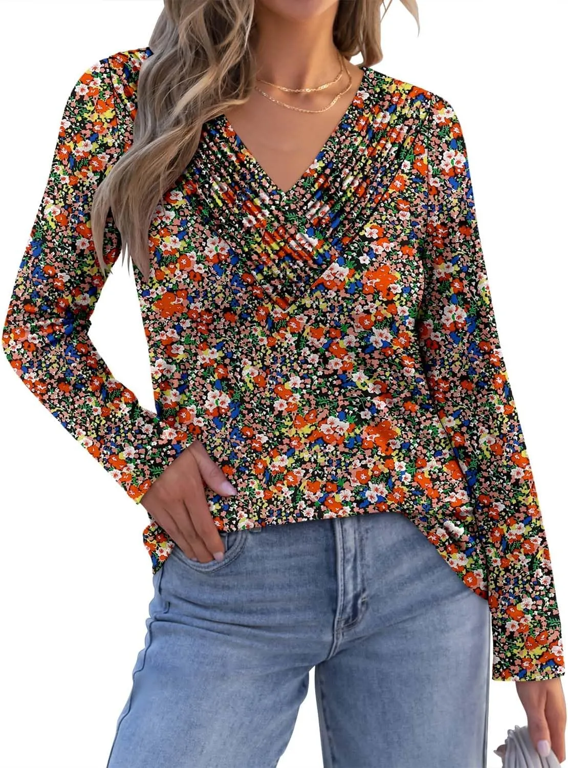 Long Sleeve Shirts for Women Fashion V Neck Basics Casual Top Fitted Tunic Tops