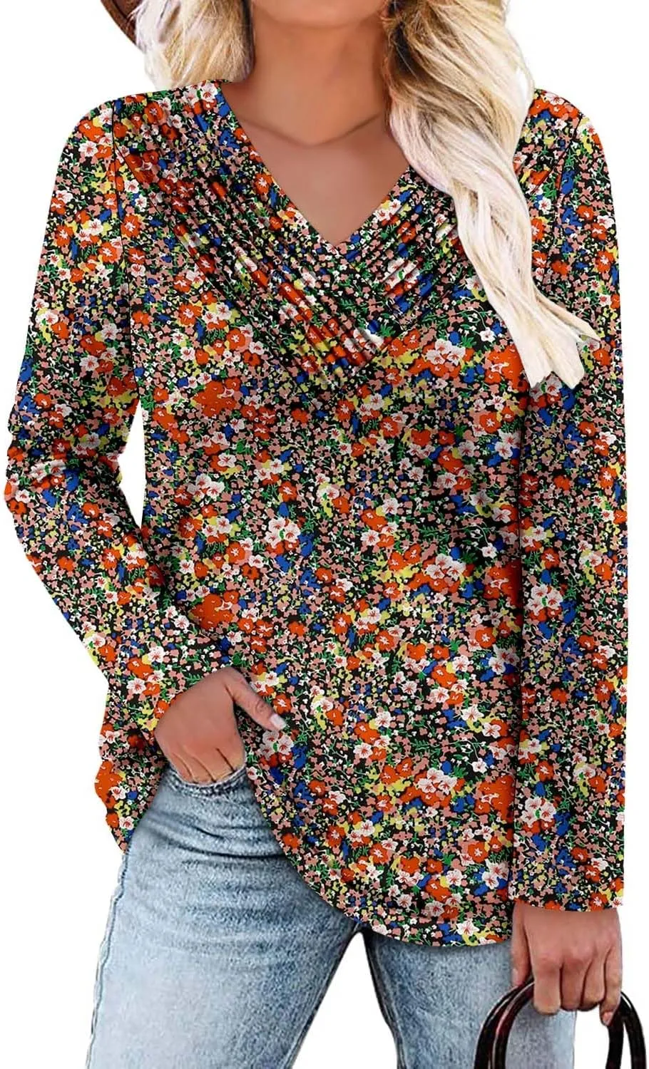 Long Sleeve Shirts for Women Fashion V Neck Basics Casual Top Fitted Tunic Tops