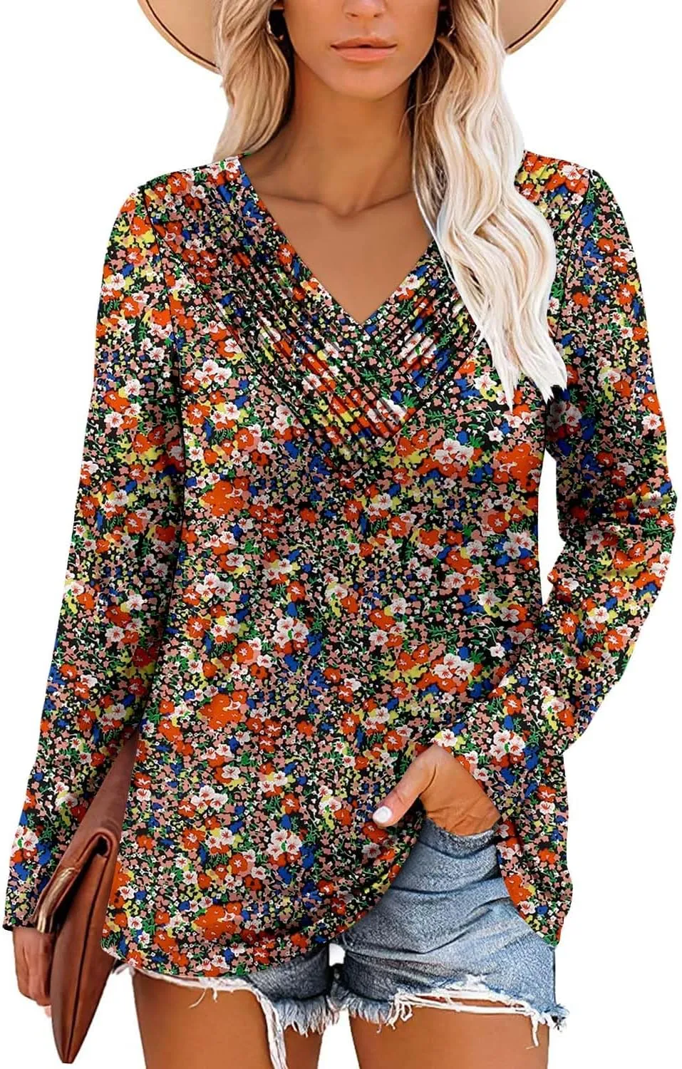 Long Sleeve Shirts for Women Fashion V Neck Basics Casual Top Fitted Tunic Tops
