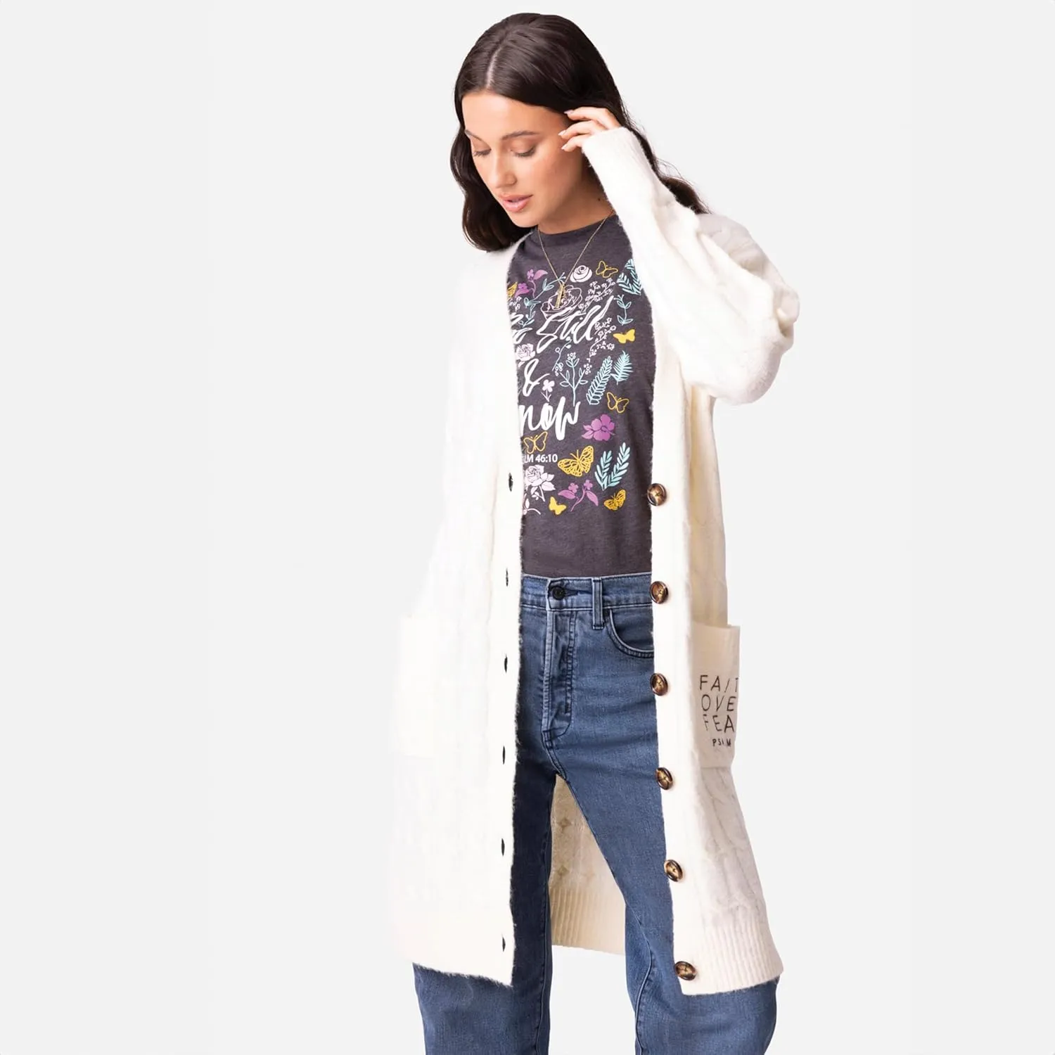 Love in Faith | Faith Over Fear | Christian Fall Cardigan Sweater for Women | Faith-Based Gifts | Cream