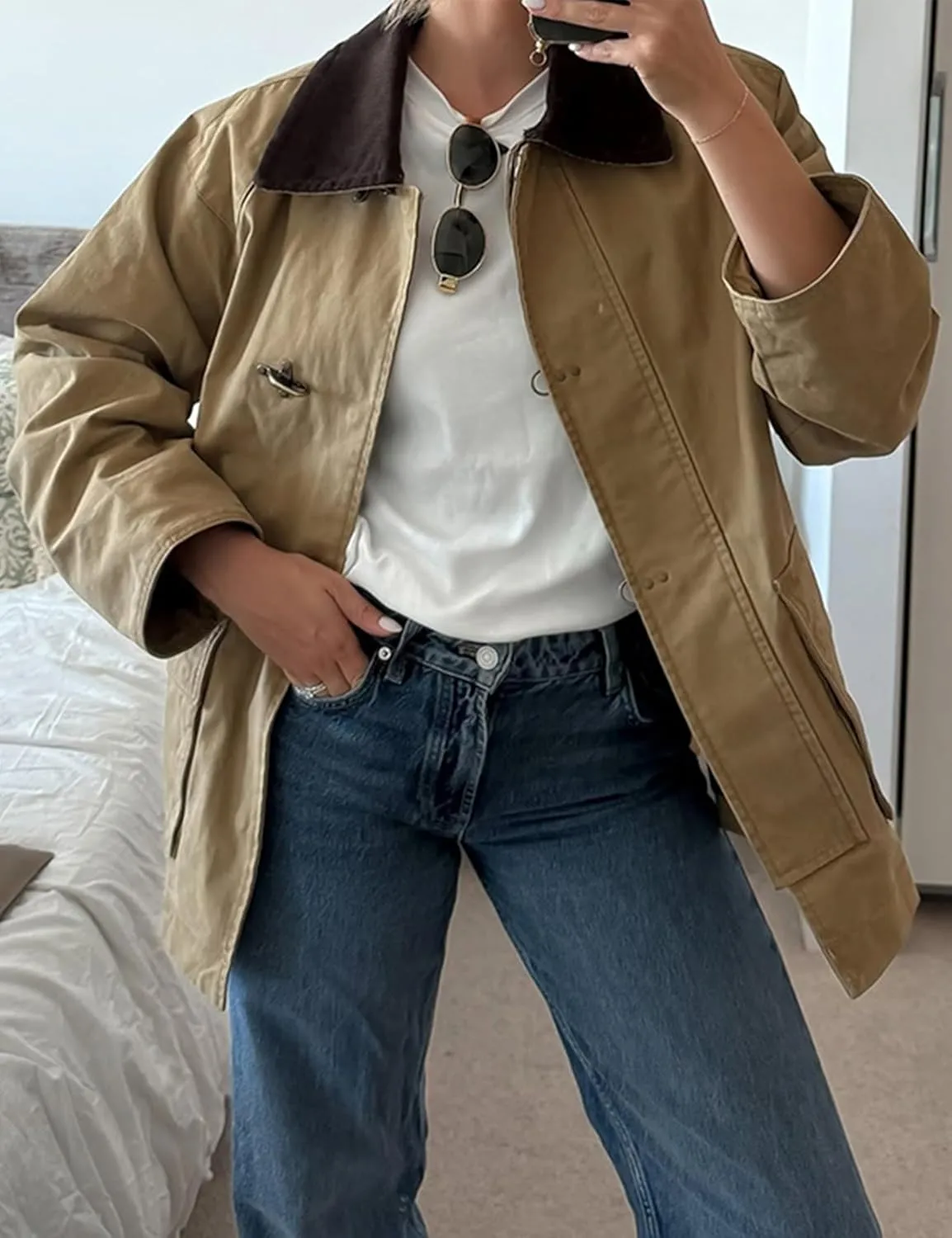 Lumister Womens Oversized Barn Jacket Contrasting Lapel Collar Retro Button Down Casual Canvas Coat Outwear