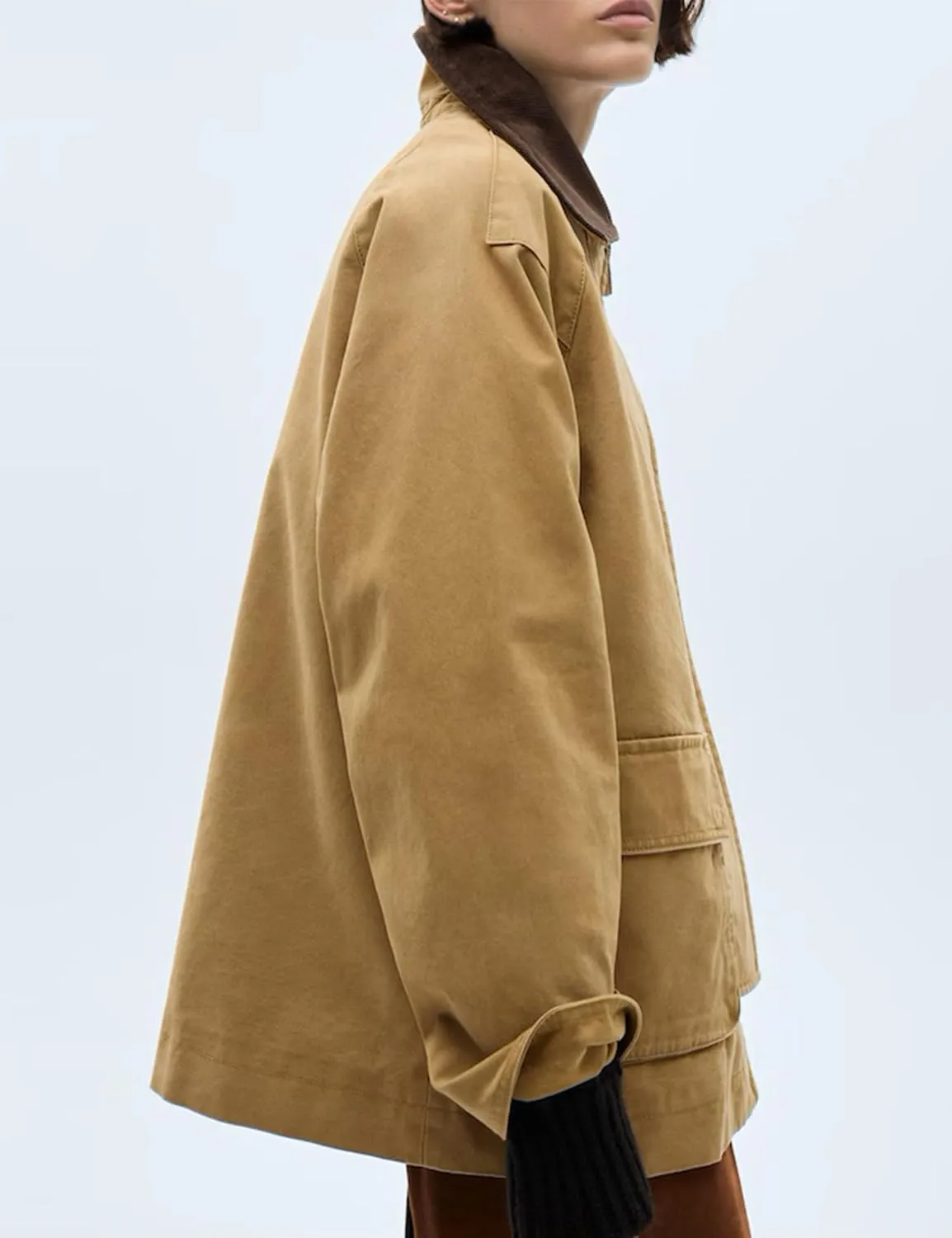 Lumister Womens Oversized Barn Jacket Contrasting Lapel Collar Retro Button Down Casual Canvas Coat Outwear